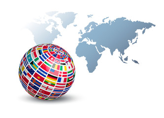 Globe made out of flags on a world map background. Vector.