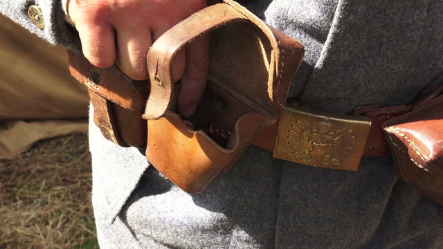 Bag for ammo belt soldier. The first world war. 4K.