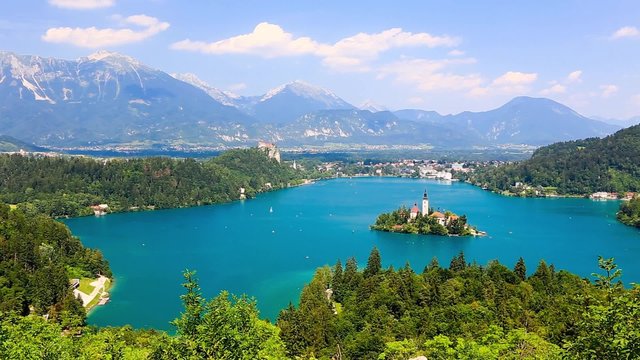 Panoramic view of Bled Lake, Slovenia, Europe