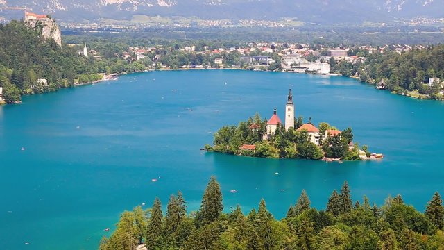 Panoramic view of Bled Lake, Slovenia, Europe