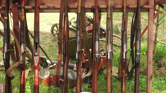 Military warehouse rifles. WWI. 4K.