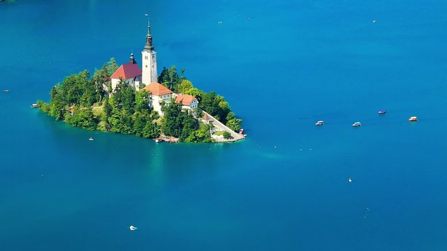 Panoramic view of Bled Lake, Slovenia, Europe
