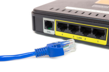 Close up LAN UTP RJ45 Cat5e In front of ADSL Router network switch
