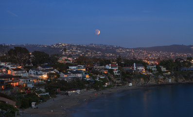 September 27, 2015. Laguna Beach, California Crescent Bay view of the blood moon. This full moon, also called a super moon and a harvest moon, is the result of a lunar eclipse.