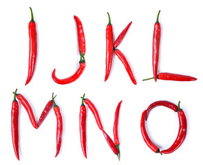 The letter I, J, K, L, M, N, O, composed of red chili peppers isolated 