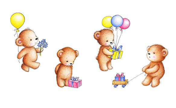 teddy bears with  balloons, flowers and gifts