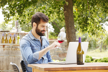 Young man working in a vineyard