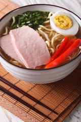Ramen noodles in broth with pork and egg close up. vertical
