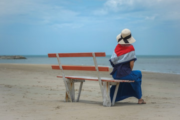 woman, summer, beach, alone, white, dress, young, sea, fashion, water, ocean, girl, looking, female, back, lifestyle, vacation, people, person, stylish, background, concept, travel, relax, leisure