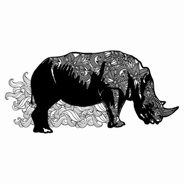 Hand drawn horned rhino for adult anti stress Coloring Page with high details isolated on white background, illustration in zentangle style. Vector monochrome sketch.