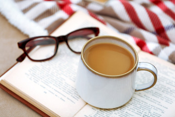 Cup of coffee with book on sofa in living room