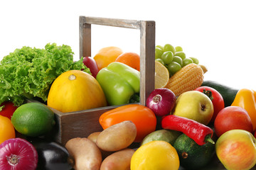 Fresh vegetables and fruits  isolated on white