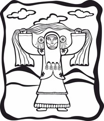 Ethnic woman in traditional dress hand drawn sketch decorative element isolated. Black and white style. Vector illustration.