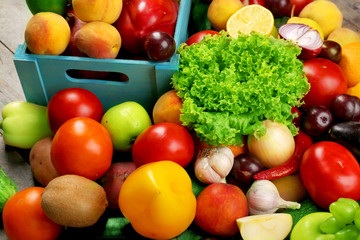 Heap of fresh fruits and vegetables close up
