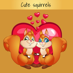Two squirrels in love on the hearts background