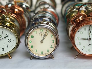 Group of various old alarm clocks made in Czechoslovakia.