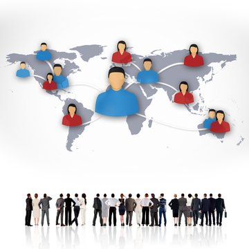 Composite image of rear view of multiethnic business people