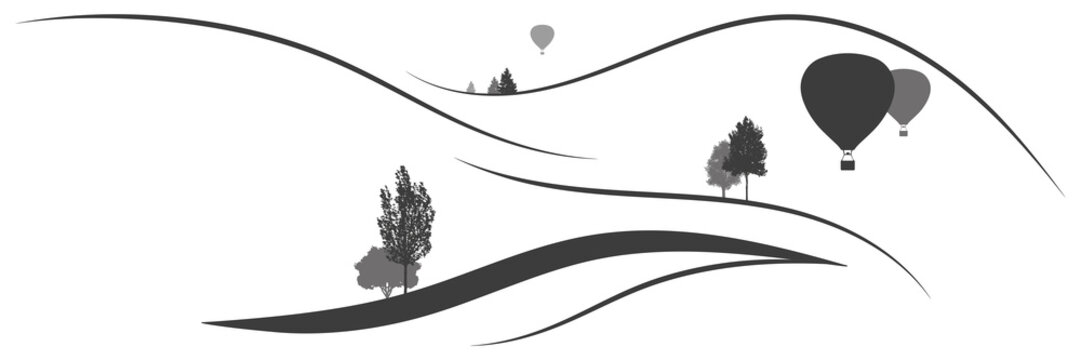 Panorama Berglandschaft mit Bäumen und Heißluftballons