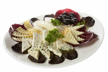 Collection of cheeses. Appetizer of five different kinds of cheese served on a white plate. Isolated on white.