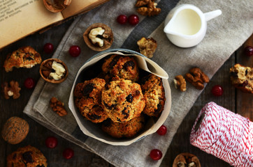 Homemade oatmeal cookies with nuts, raisin and dried cranberries