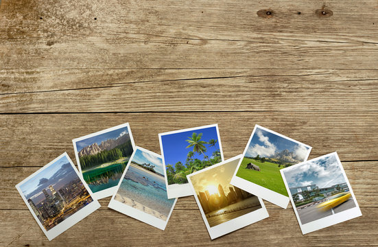 snapshots of travel destinations on wooden background