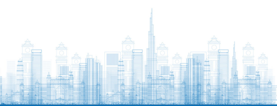 Outline Dubai City Skyscrapers in blue color