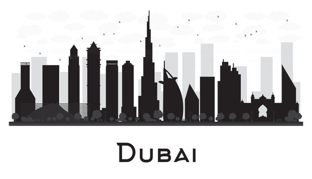 Dubai City skyline black and white silhouette.