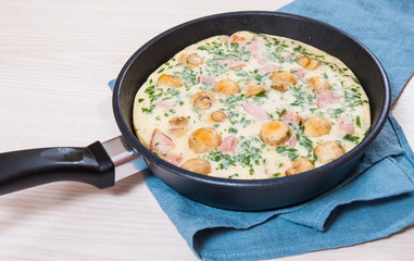 omelet with mushrooms, ham and cheese in a frying pan