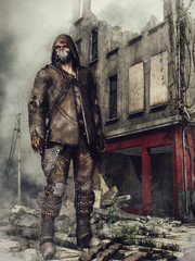 Mężczyzna w masce przeciwgazowej stojący na tle ruin miasta