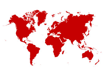 Map of The World with Red Continents and White Background -  Rote Weltkarte. Isoliert, Freigestellt, Atlas, Welt, Erde, Planet.
