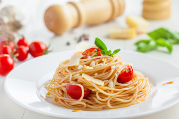 Italian pasta with tomato sauce, spaghetti,