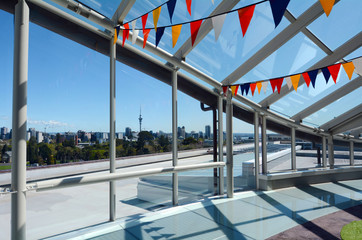 Naklejka premium Auckland city skyline as view trough a big window glass