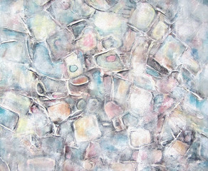 Art abstract painted background with white, light gray, brown and blue square shapes. Interior decor. Grunge background. Brush stroke texture units.Color light pastel shades.