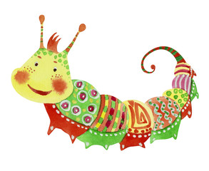 Cartoon cheerful caterpillar, watercolor illustration