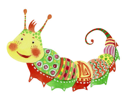 Cartoon Cheerful Caterpillar, Watercolor Illustration