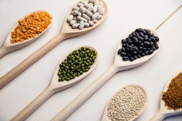 Wooden spoons of pulses and seeds