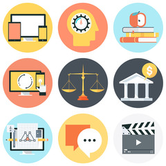 Flat style, colorful, vector icon set about education, business and creativity for info graphics, websites, mobile and print media.