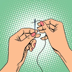 Foto auf Acrylglas Pop Art Handnäherin fädelt die Nadel ein