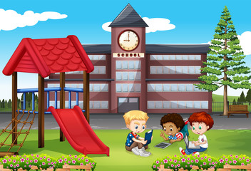 Children using computer in the park