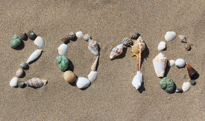 Fototapeta na wymiar New Year's card. On a sandy beach of figure 2016 from shells
