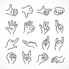 Hand gestures. Hands, fingers hand drawn on white background.