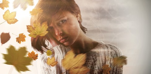 Composite image of pretty brunette feeling sad 