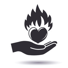 Flaming heart in hand. Passionate love concept icon