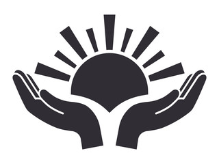 Sun in palms icon. Peace and safety concept