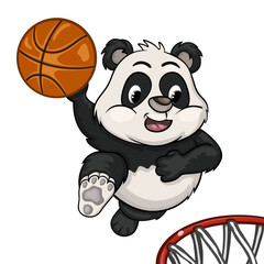 Funny cartoon little panda in a jump will ready to throw the ball into the basket