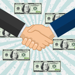 Handshake over some flying dollar banknotes. Profit deal vector icon