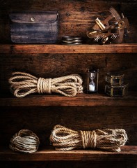 scientific expedition background. The traveller's accessories on the wooden shelf