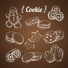 Hand sketched cookies, sweet pastry and gingerbread