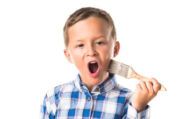 Surprised kid holding a paint pot