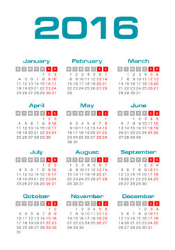 Simple european  2016 year vector calendar